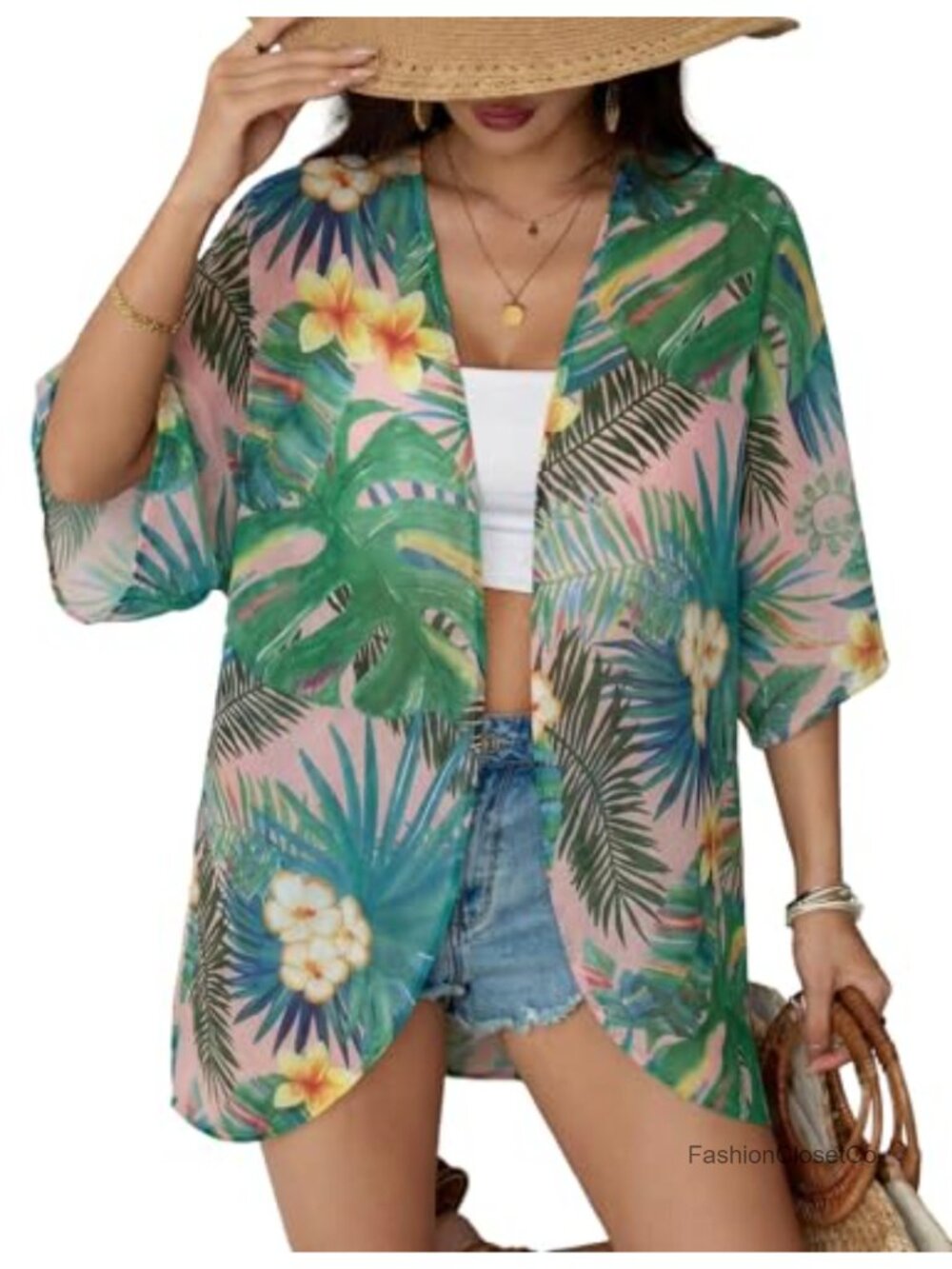 Sheer Chiffon Floral Kimono Cardigan Beach Cover Up Open Front Loose